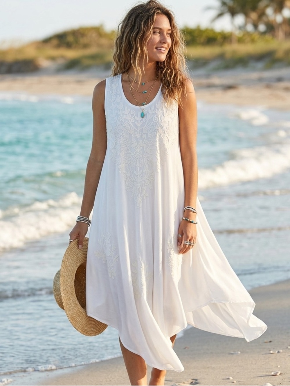 Ace Fashion White Embroidered Asymmetric Sharkbite Hem Boho Dress/cover up Small